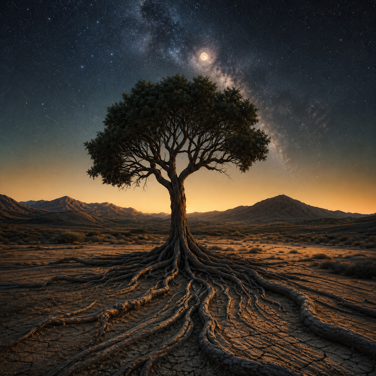 Black Star Anthem cover art — a lone tree with deep roots beneath a starlit desert sky