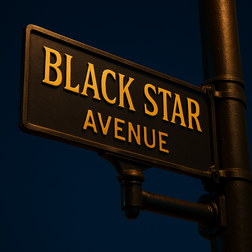 Black Star Avenue cover art — gold street sign on a deep navy background